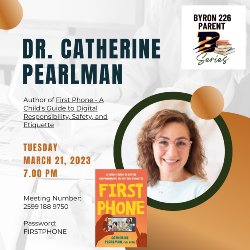 graphic shows the author Dr. Catherine Pearlman and her book My First Phone.  Includes details about her upcoming webinar.